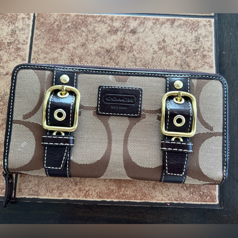 Coach Signature Brown and Tan Buckle Wallet